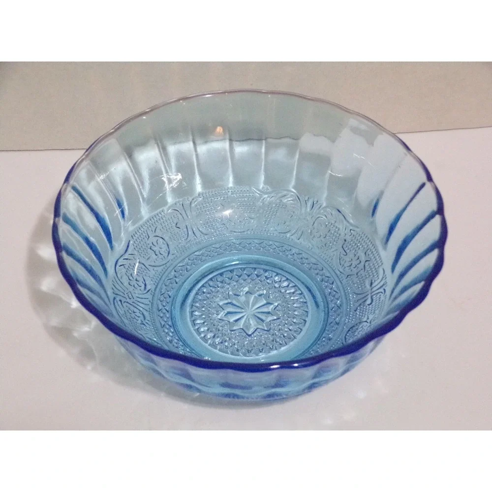 Vintage Blue Pressed Glass Bowl Ribbed Fluted Edges Embossed Star 6 3/4